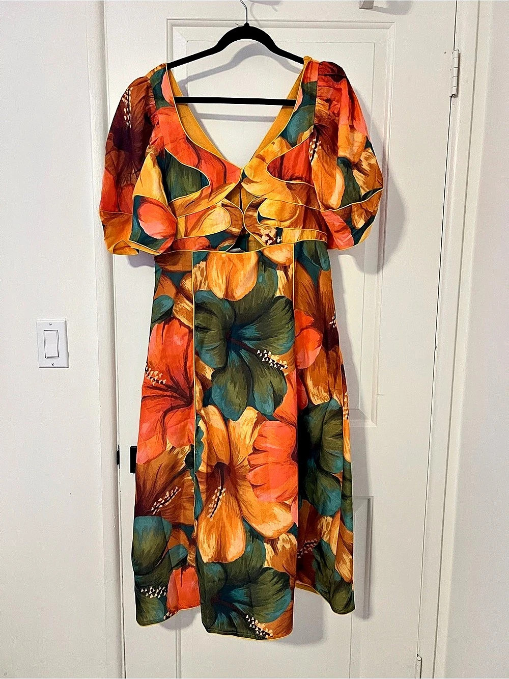 Farm Rio Printed Linen Blend Cutout Midi Dress (Tropical Cocktail) Orange & - Picture 2 of 7